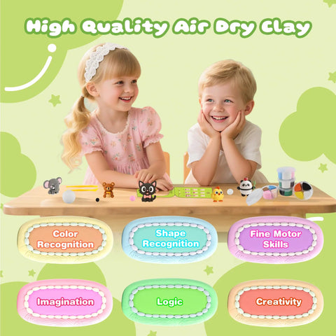 Children playing with Air Dry Clay Kit For Kids With 12 Animal Figures Modeling Clay Set With Sculpting Tools And Tutorials