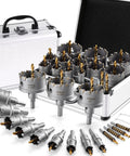 18 Pc Metal Hole Saw Kit with TCT Carbide Teeth displayed with pilot drills, L wrenches, and carry case