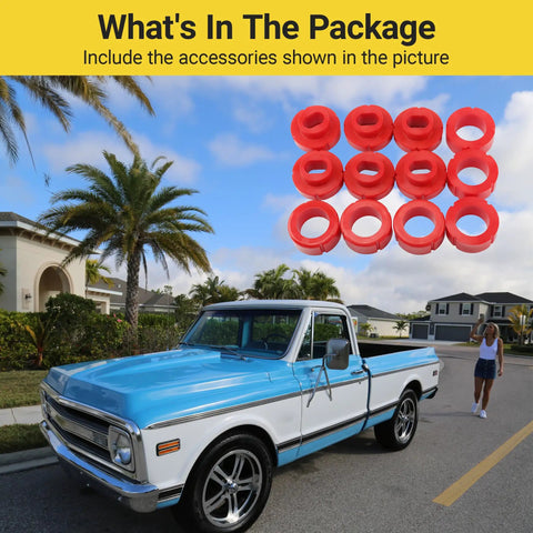 Chevy 81-87 Polyurethane Body Cab Mount Bushing Kit 12-piece shown with classic blue and white truck