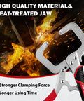 6-Inch C-Clamp Locking Pliers Four Pack, Heavy Duty Welding Vise Grips in a fiery welding scene, nickel plated, heat-treated jaw.