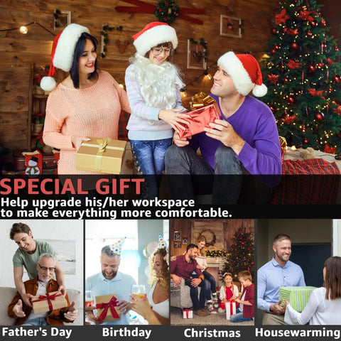 Family in Santa hats exchanging gifts by a Christmas tree with text about special gifts for various occasions.