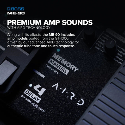 Close-up of ME 90 Guitar Multi Effects Processor With 11 Onboard AIRD Amp Models And 60 Effects From GT 1000 controls.
