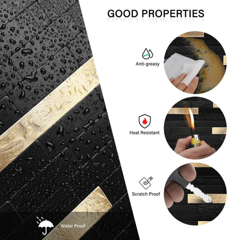 Peel And Stick Backsplash Wood And Metal Mosaic Tiles For Kitchen showing water resistance, heat resistance, and scratch proof features
