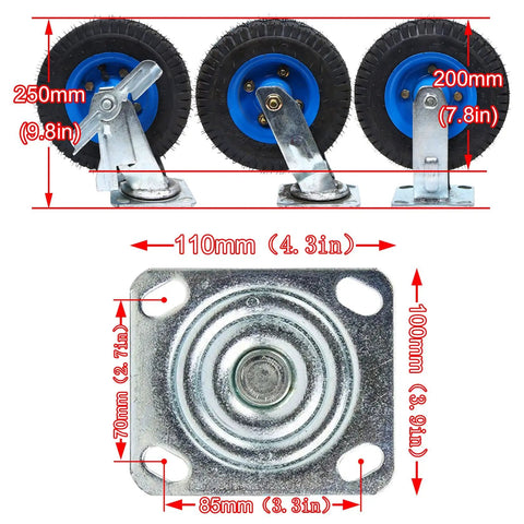 Smooth Rollin Industrial Pneumatic Caster Wheels With Locking Swivel Brakes And High Elastic Rubber Tires Built Tough for 200mm and 250mm sizes.