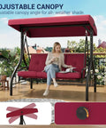 Three Seat Outdoor Porch Swing With Adjustable Canopy And Convertible Bed Stand Thick Cushions And Deep Cup Holders
