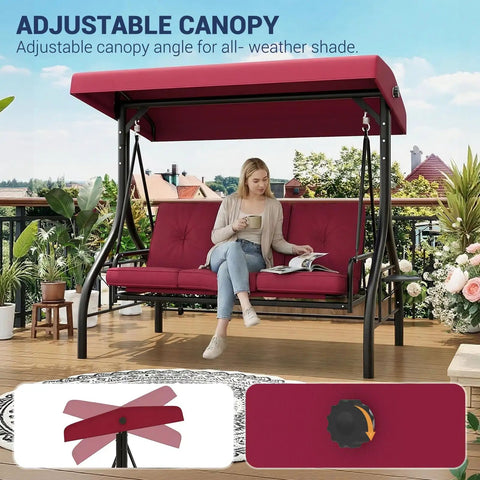 Three Seat Outdoor Porch Swing With Adjustable Canopy And Convertible Bed Stand Thick Cushions And Deep Cup Holders