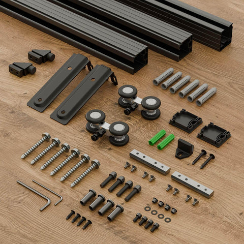 60 Inch Box Rail Sliding Barn Door Hardware Kit With Ceiling Mount Heavy Duty Aluminum Track In Black Powder Coat Outdoor Ready And Anti Corrosion Fits Doors Up To 26 Inch Opening Up To 30 Inch Panel Width 1 Inch Door Thickness components laid out on a wooden surface.