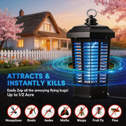 Outdoor Waterproof Mosquito Zapper Electric Insect Killer Lamp For Backyard Patio Garden And Sports Fields 4200V High Power 15W UV Light Mosquito Trap With Protective Cage And 10Ft Cord in a garden setting