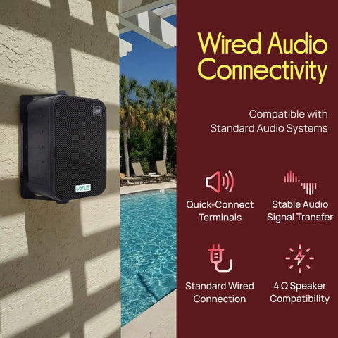 Dual Waterproof Outdoor Speaker System With 6.5 Inch Weatherproof Wall Or Ceiling Mount Speakers Heavy Duty Universal Mount Perfect For Pool Patio Indoor Use 500 Watt Power installed on outdoor wall by pool