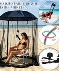 Image shows a woman seated under an All In One Beach Umbrella With Mosquito Net For Chairs, Strollers, And Camping on a beach, with sandbags.