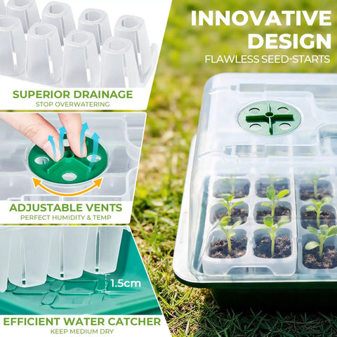 No Fuss Seed Starter Tray Kit With Reusable Germination Trays, Humidity Domes and Bases, 40 Cell Green Set showing drainage and vents