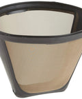 Gold Tone Permanent Coffee Filter for 10 to 14 Cup Cone Coffee Makers, reusable and durable, shown from a side angle