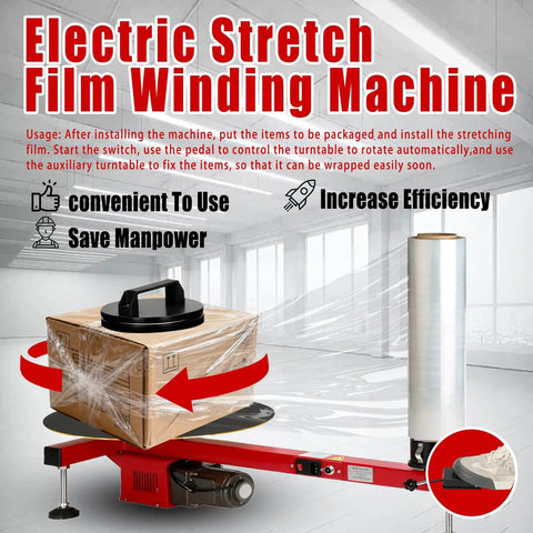Heavy Duty Electric Pallet Wrap Machine And Stretch Film Dispenser That Makes Loading A Breeze For Warehouses And Freight Centers Up To Eighty Kilograms and built tough rust resistant frame wrapping a box.
