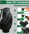 Two Pack Wall Mount Full Size Golf Bag Hangers For Garage Setup Space Saving Storage Heavy Duty Steel Golf Bag Holder Easy Install Adjustable Organizer showing installation steps and hardware included next to a black golf bag.