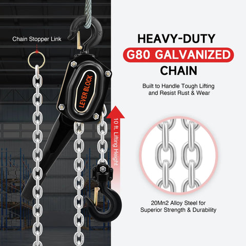 CREWORKS lever chain hoist with 3-ton capacity and G80 galvanized chain