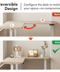 Dope Ergonomic L Shaped Standing Desk Adjustable Height Electric Sit Stand Corner Computer Workstation Smooth Preset Controls Light Walnut Wood Grain reversible design layout.