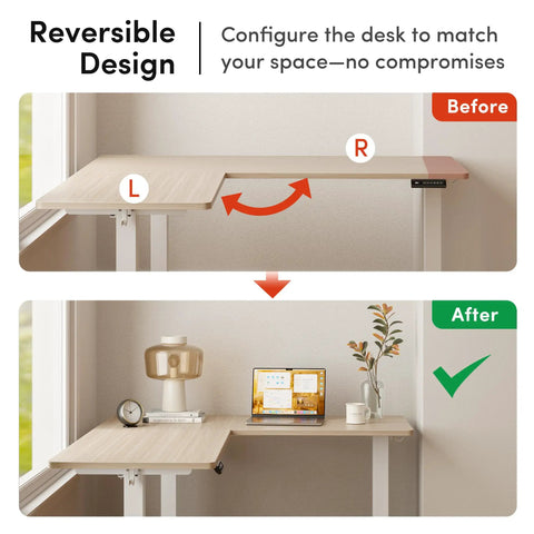 Dope Ergonomic L Shaped Standing Desk Adjustable Height Electric Sit Stand Corner Computer Workstation Smooth Preset Controls Light Walnut Wood Grain reversible design layout.