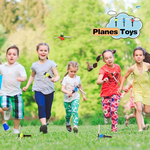 Children playing outside with Epic 12 Pack Handheld Flying Helicopters And Plastic Airplane Toys For Kids in random colors.
