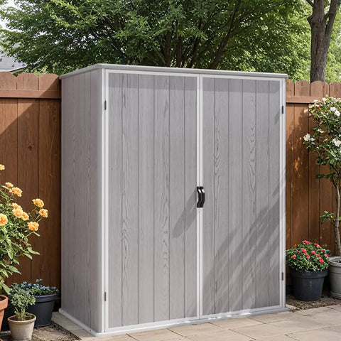 5 By 3 Ft Resin Outdoor Storage Shed With Floor Waterproof Plastic Cabinet Garden Organizer Shed With Lockable Door For Patio Furniture And Pool Accessories All Weather Light Gray in a garden setting