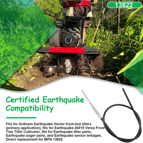 Throttle Cable Replacement For Front Tine Tillers And Cultivators Fits Versa 20015 And Vector Models, cable and tiller in use.
