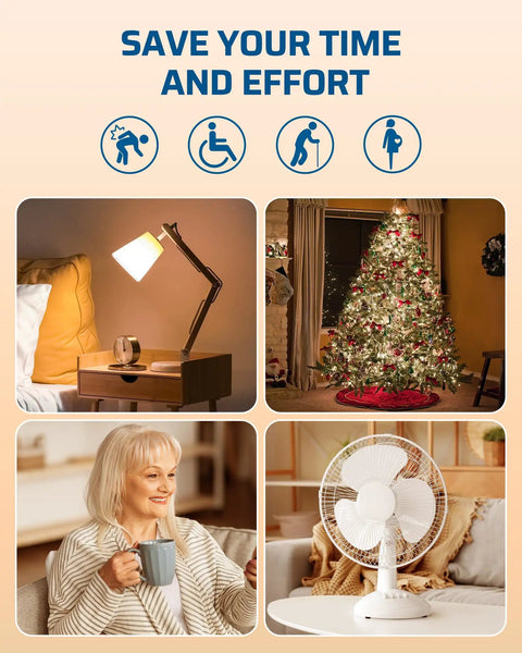 Wireless Outlet Switch Kit With 3 Outlets Remote Control For Easy Plug And Play Home Automation 100 Foot Range Ideal For Elderly And Pregnant Women At Home image showing various home automation uses like lamps, Christmas trees, and fans.