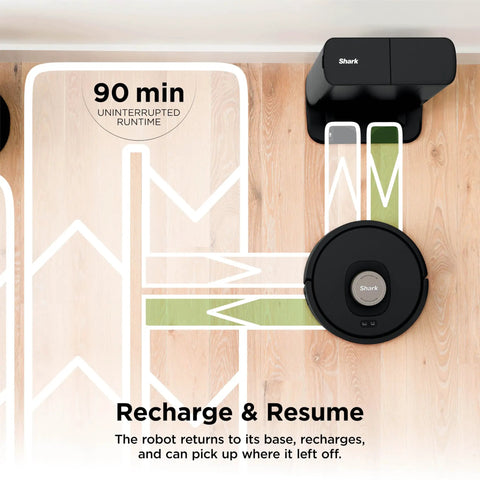 AI Robot Vacuum With XL Self Empty Base Mega Suction For Pet Hair Lidar Navigation Bagless 60 Day Capacity Alexa And WiFi Connected Cleans Carpet And Hard Floors Black on wooden floor with charging base