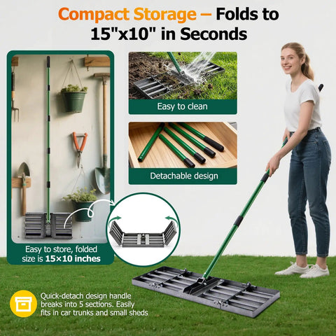 Woman using 30 By 10 Inch Lawn Leveling Rake With Heavy Duty Steel Head And 33 To 77 Inch Adjustable Handle on grass