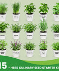 Ultimate 15 In 1 Herb Garden Starter Kit showcasing pots with 15 popular herb seeds, including dill, chives, and basil.