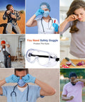 Collage showing various people needing eye protection, centered around 10 Pack Anti Fog Safety Goggles For Lab And Construction Over Glasses Protective Eye Gear With Adjustable Strap And Wide Vision Shield Splash Proof Clear Lenses For Work DIY Woodworking Onion Cutting