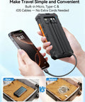 Person holding On The Go Solar Power Bank 20000mAh With Built In Cables 20W Fast Charge near phone with luggage comparison