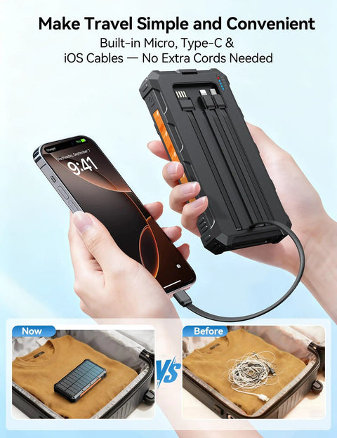 Person holding On The Go Solar Power Bank 20000mAh With Built In Cables 20W Fast Charge near phone with luggage comparison