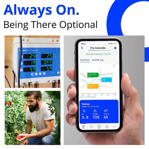 WiFi Enabled Hydroponics Pro Controller For Around The Clock Automated PH, EC And Temperature Dosing shown on app in hand