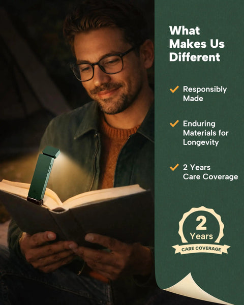 Man using Rechargeable Clip On LED Reading Light With 3 Color Temperatures Smooth Stepless Dimming Memory Function on a book at night