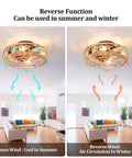 Woven Flush Mount Caged Ceiling Fan With Lights Remote Control 20 Inch Hemp Rope Rattan Enclosed Ceiling Fan showing summer and winter modes in a living room.