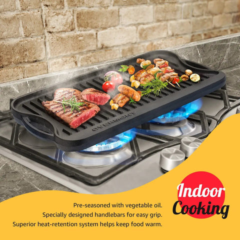 Reversible Cast Iron Grill Pan For Stovetop, 17 By 9.8 Inch Dual Sided Griddle cooking steaks and veggies over two burners