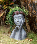 Face Head Planter Pot For Succulents And Small Plants With Drainage Hole, Big Farmhouse Vibe Decor, Gray Concrete Finish, outdoors