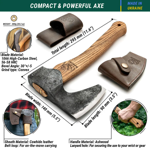 AX6 Go-To Bushcraft Hatchet For Camping And Wood Carving, bearded style axe with ash handle and leather sheath