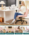 Criss Cross Chair With Wheels Wide Cross Legged Desk Vanity Chair in Teddy Pink at home office with swivel feature