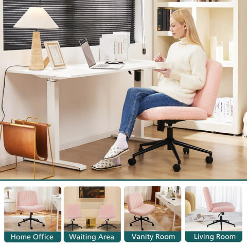 Criss Cross Chair With Wheels Wide Cross Legged Desk Vanity Chair in Teddy Pink at home office with swivel feature