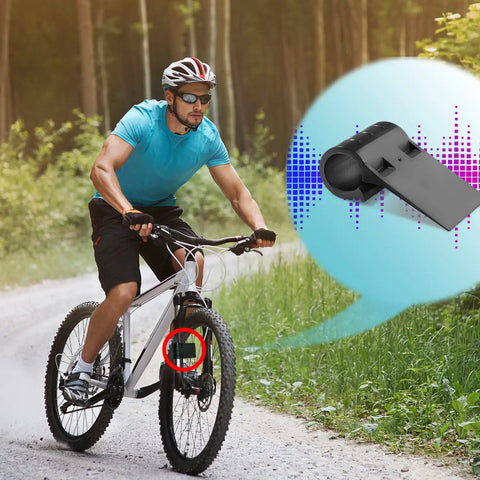 Cyclist using Bike Sound Maker Exhaust System That Lets Your Bicycle Roar Like A Motorcycle Realistic Engine Noise Snap In Install No Tools Needed Four Piece Black Set