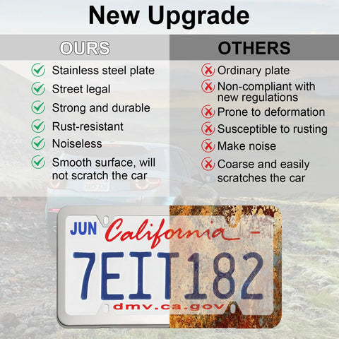 Comparison chart showing benefits of stainless steel license plate frames over ordinary plates.