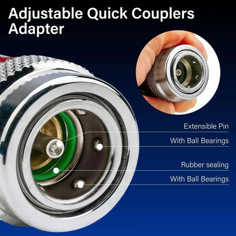 Close-up of R134a Car AC Adapter Fittings With Adjustable Quick Couplers showing ball bearings and rubber sealing.