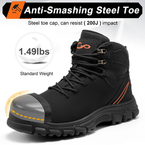 Mens Steel Toe Work Boots With Slip Resistant Puncture Safety Waterproof Midsole Grind Ready Durable Construction All Weather Performance Black Size 9.5 front view