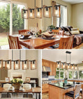 53 Inch Farmhouse Kitchen Island Light Five Light Adjustable Dining Room Wood And Black Metal Chandelier over dining area.