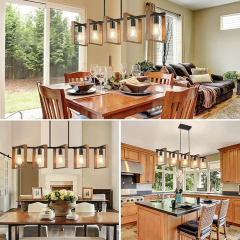 53 Inch Farmhouse Kitchen Island Light Five Light Adjustable Dining Room Wood And Black Metal Chandelier over dining area.