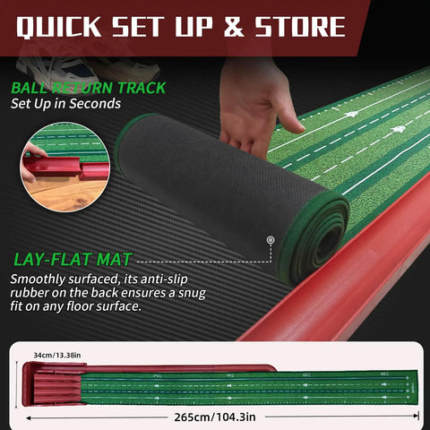 Indoor Golf Putting Mat With Auto Ball Return And 8.7 Feet Of Realistic Green Speed For Multiplayer Home Practice setup demonstration