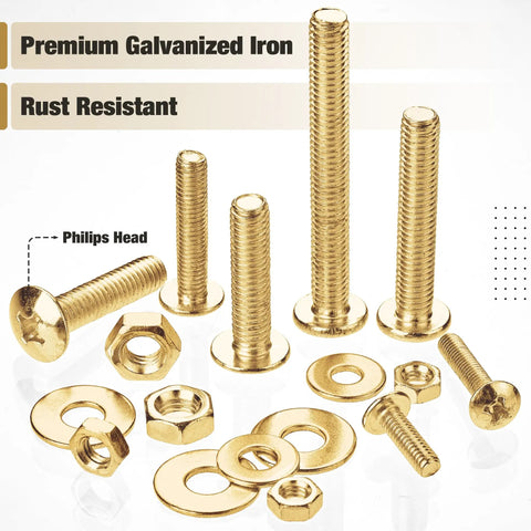 Heavy Duty Galvanized Iron Bolts And Nuts Assortment Kit With Washers 113 Piece Hardware Set For Home Repairs And Diy Projects showcasing various sizes.