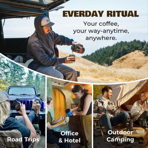 Portable Camping Coffee Maker Electric French Press Travel Kettle 120V for coffee enjoyment during outdoor adventures.