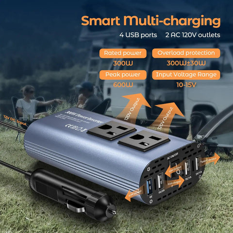 Built Different Heavy Duty 300W Car Power Inverter Converts DC 12 Volt To 110 AC With 4 USB Ports QC3.0 Fast Charging Dual AC Outlets