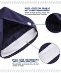 Close-up of Six Pack Bouffant Scrub Caps With Buttons And Sweatband, showing cotton fabric and absorbent sweatband.